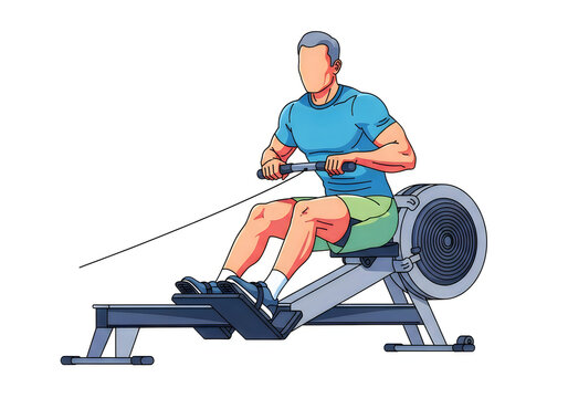 Illustration of a fit man doing rowing exercises on a professional rowing machine for cardio training