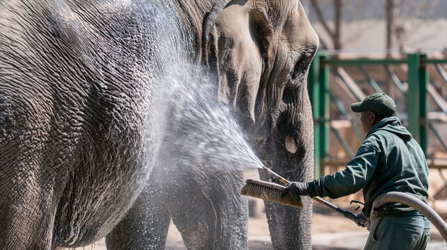 Zookeeper scrubbing an elephant with a brush and hose. Concept of elephant care at a zoo.