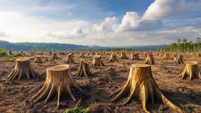 Vast deforested landscape with stumps where trees once stood illustrating the impact of global warming on deforestation and the rise of carbon dioxide emissions