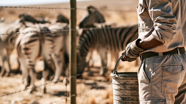 Zookeeper standing at a savanna enclosure fence monitoring zebras grazing. Concept of zebra care at a zoo.
