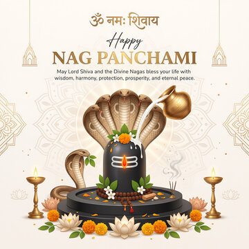 Celebratory nag panchami ritual with sacred cobra surrounding black pot shrine with floral decorations against serene golden patterned background
