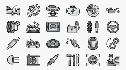 Obraz premium Modern Minimalist Line Art Icons Set of Auto Repair and Maintenance Tools Vehicles and Components in Monochrome