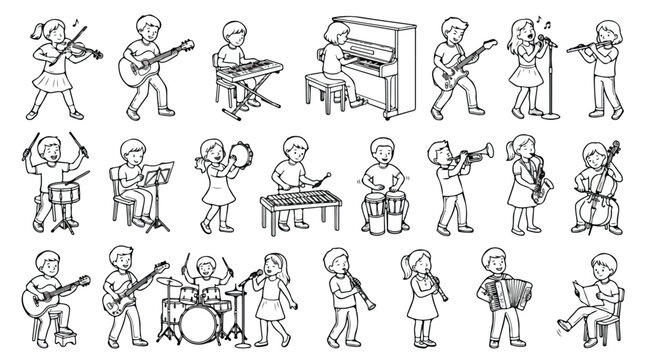 Hand drawn children playing musical instruments set, 23 line art icons of kids in school band, black and white sketch of young musicians isolated PNG with Transparent Background