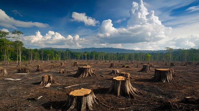 Vast deforested landscape with stumps where trees once stood illustrating the impact of global warming on deforestation and the rise of carbon dioxide emissions