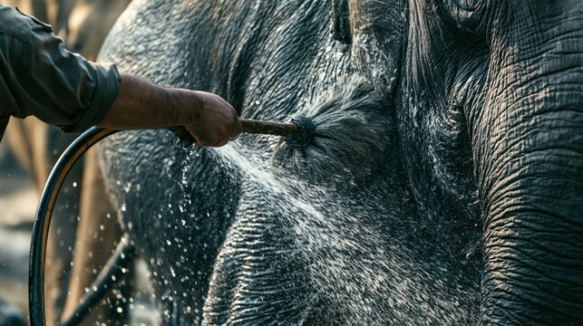 Zookeeper scrubbing an elephant with a brush and hose. Concept of elephant care at a zoo.