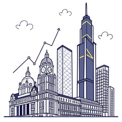 Obraz premium City skyline illustration with skyscrapers and rising business growth graph