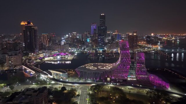 Aerial view of Kaohsiung City skyline at night in southern Taiwan.
