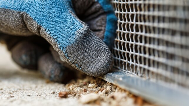 Gloved hand near wire mesh shows rodent control work, suggesting pest exclusion, inspection, and infestation prevention.