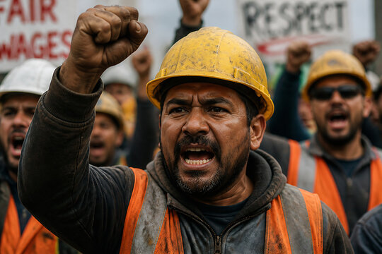 A man wearing a yellow hard hat and orange safety vest raises his fist in protest during a demonstration.
