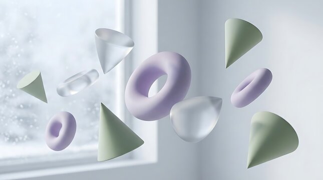 Pastel 3D geometric shapes floating in bright interior.