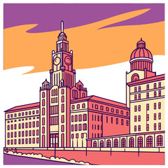Obraz premium Stylized illustration of the liver building in liverpool city center at sunset