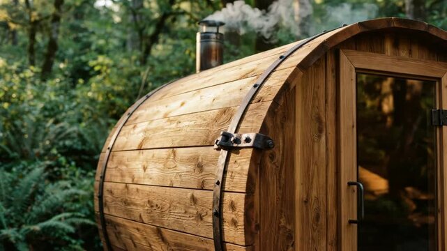 Wooden barrel sauna steaming outdoors in lush forest setting for wellness and lifestyle content