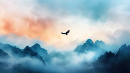 Fototapeta premium Majestic mountains and soaring eagle in serene watercolor landscape, evoking sense of freedom and tranquility