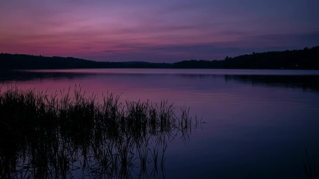 Tranquil lake reflecting purple sunset sky with reeds in foreground for nature and travel content