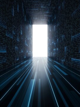 Digital data tunnel with glowing binary code. Cyber portal leading to a bright light.