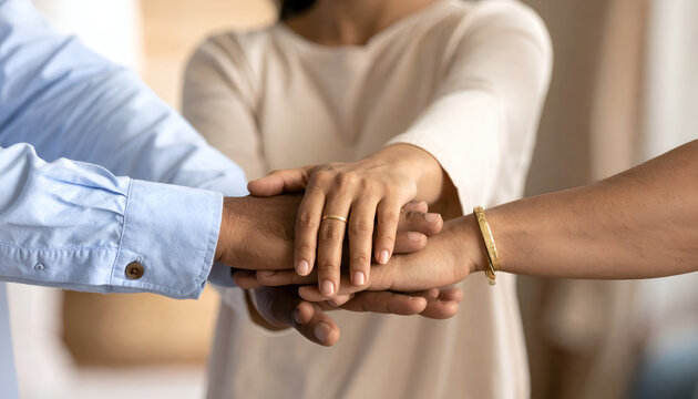 Diverse group of people joining hands in unity and teamwork.