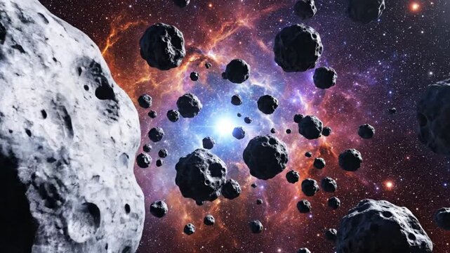 Cinematic asteroid field floating in deep space. Vibrant glowing nebula and bright stars background. Science fiction universe and astronomy exploration motion graphics.