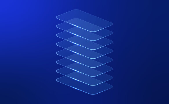 Abstract futuristic layered glass panels with glowing neon blue edges on dark blue technology background