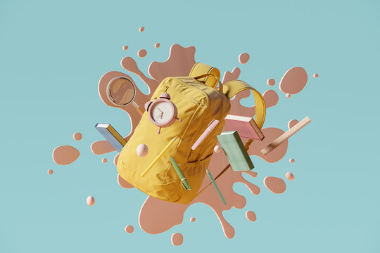 Yellow backpack with alarm clock and school equipment. Back to school concept on blue background with copy space. 3D Rendering, 3D Illustration