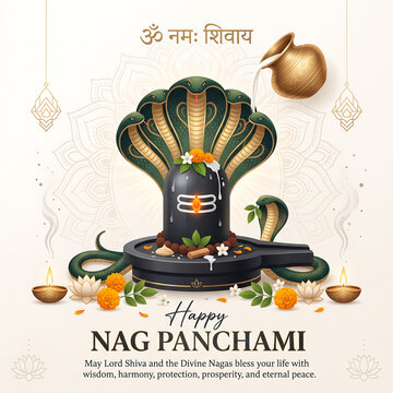Illuminated sacred lingam surrounded by serpent symbolism on nag panchami celebration background with glowing softly golden liquid framed ornate floral motifs