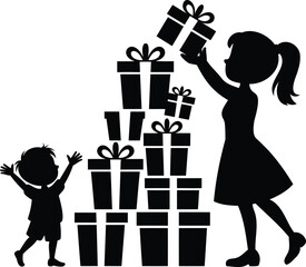 Mother and child celebrating with a large pile of stacked gift boxes vector graphic design
