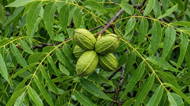 A cluster of green, unripe pecan nuts hanging from a tree branch, surrounded by vibrant, pinnate leaves with visible veins and textures in a natural outdoor setting