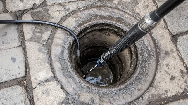 Sewer manhole with inspection camera and cable lowered into a wet stone opening, showing underground utility diagnostic work and maintenance.
