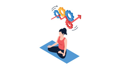 Obraz premium Woman meditates on a blue mat with floating gears and a rising arrow to illustrate mental focus and productivity.