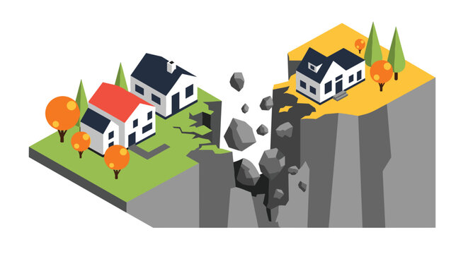 Modern houses sit on a high cliff edge as sections of rock fall into a deep chasm due to erosion or earthquake.