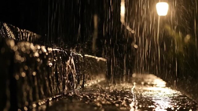 Heavy Rain Pouring on Wet Stone Steps at Night under Street Lamp 4K Video