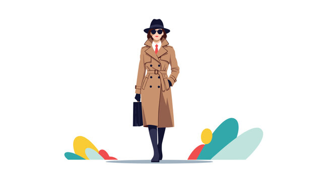 Mysterious woman wearing a trench coat hat and sunglasses walking confidently as a secret agent or detective.