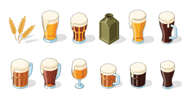 Large collection of isometric beer glasses mugs and a bottle showing different types of lager ale and stout.