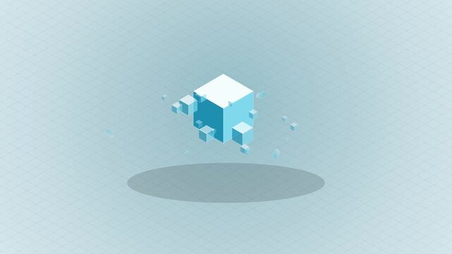 Abstract isometric blue cubes floating over a shadow on a light textured background representing digital data architecture and technology