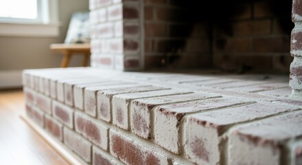 Obraz premium Vintagestyle brick hearth with fresh limewash coating drying under natural light emphasizing contrast and brightening effect on fireplace.