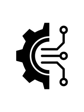 Digital gear icon. Industrial technology symbol for engineering and automation systems.