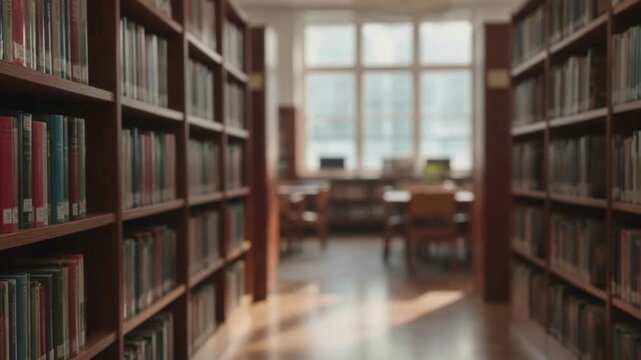 Rows of bookshelves filled with books in a library, with tables and chairs visible in the background near a large window.