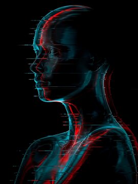 Human profile with digital glitch effect. Cybernetic portrait with red and blue light.