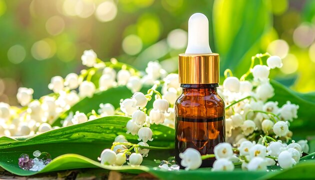 A brown glass bottle with a gold cap and white dropper surrounded by white flowers and green leaves on a blurred green background