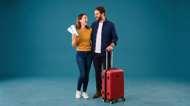 Commercial travel studio photography of an excited young couple leaning over an overpacked red suitcase, holding flight tickets &ndash; travel agency banner, airline promotion