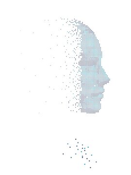 Digital human head made of pixels. Abstract AI profile dissolving into data particles.