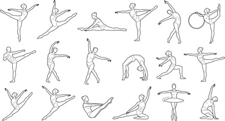 Set of female gymnast and ballet dancer line art illustrations showing various flexible athletic poses. © Hello World
