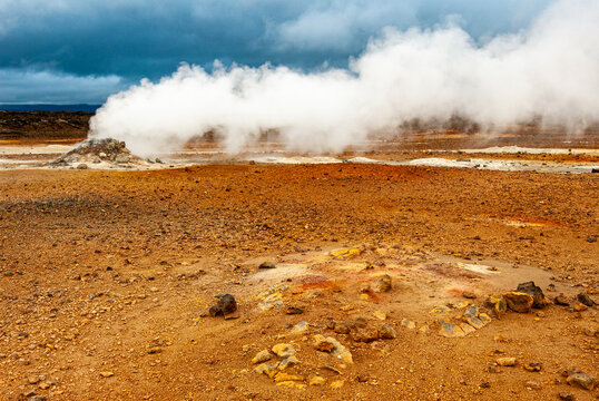 Geothermal landscape with steaming fumaroles at Namaskard Iceland