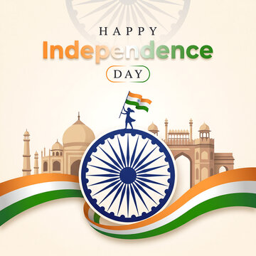 Celebratory independence day greeting with national flag with all set against patriotic color gradient stylized historical architecture background