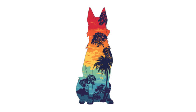 Dog silhouette incorporates a detailed dusk landscape with silhouette palm trees and golden sky textures.