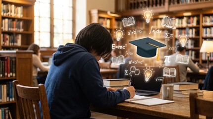 Fototapeta premium Student studying in library with laptop surrounded by floating mathematical formulas and education icons, knowledge and learning concept.