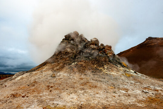 Geothermal landscape with steaming fumaroles at Namaskard Iceland
