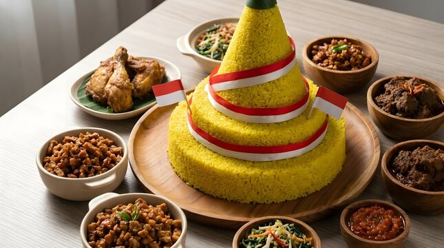 Traditional Indonesian nasi tumpeng with various side dishes.