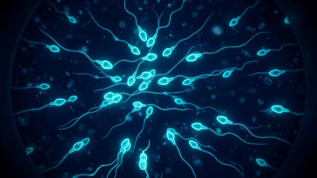 Sperm cells swimming and converging in dark microscopic environment for fertility and biology content