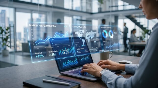 Businessman working on laptop with financial analytics dashboard, market performance graphs and global sales data visualization, corporate strategy planning and economic growth ...