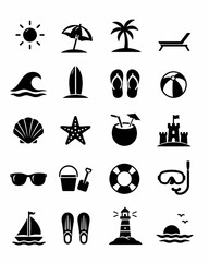 Diverse collection of simple black and white icons representing summer beach and vacation elements © BeNeed Vactory